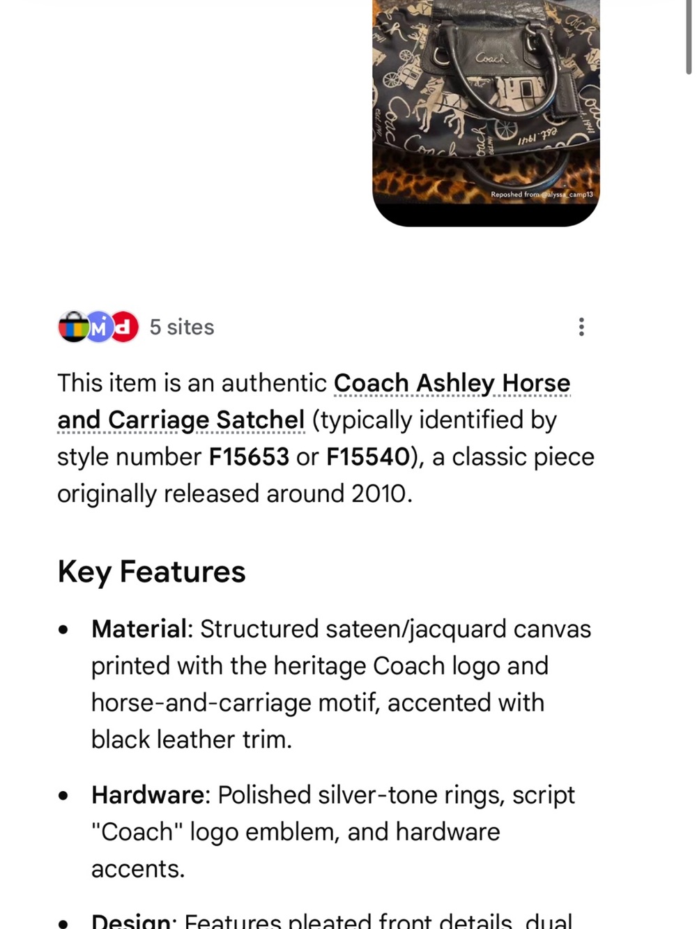 Coach Ashley Horse and Carriage Black and Cream Signature Satchel - Picture 10 of 10